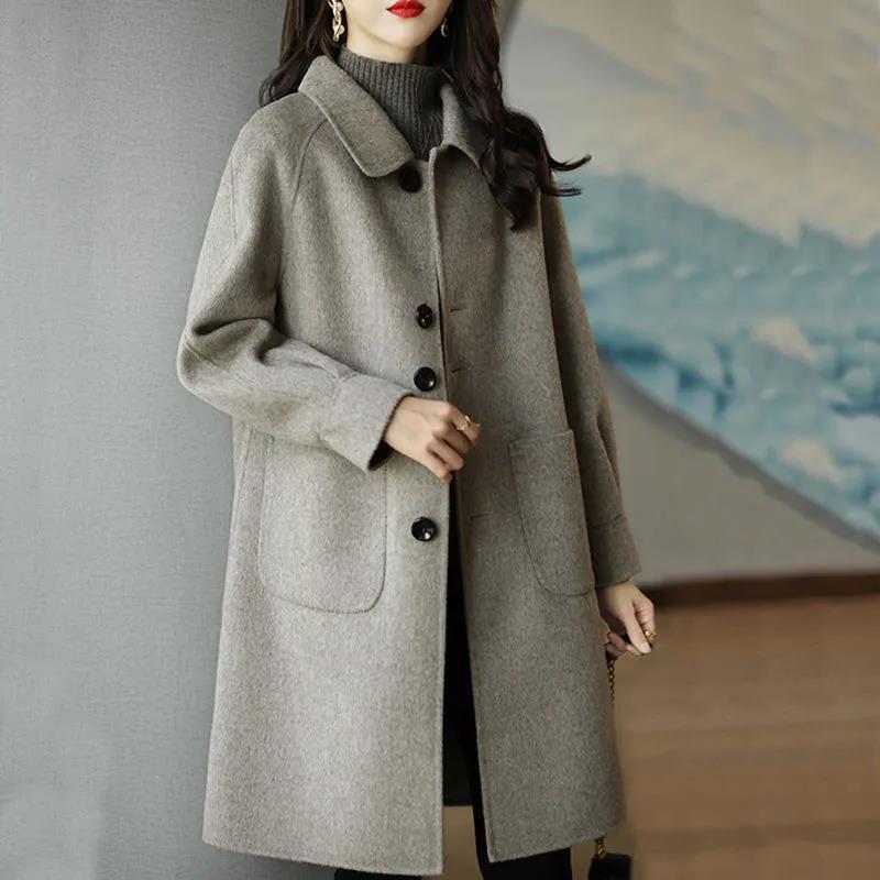 Woolen Coat Women's 2023 Autumn and Winter New Style Small Thickened Korean Style Slim-fit Elegant Mid-length Woolen Coat_voghion.com