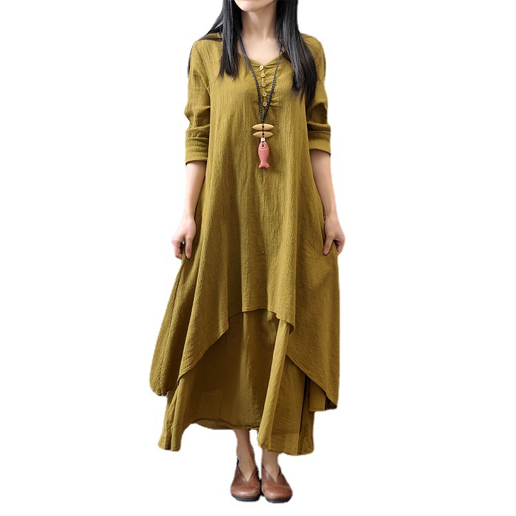 2023 New High Quality Fake Two-piece Long Dress Artistic Large Swing Linen Dress Loose Long Sleeve Cotton Linen