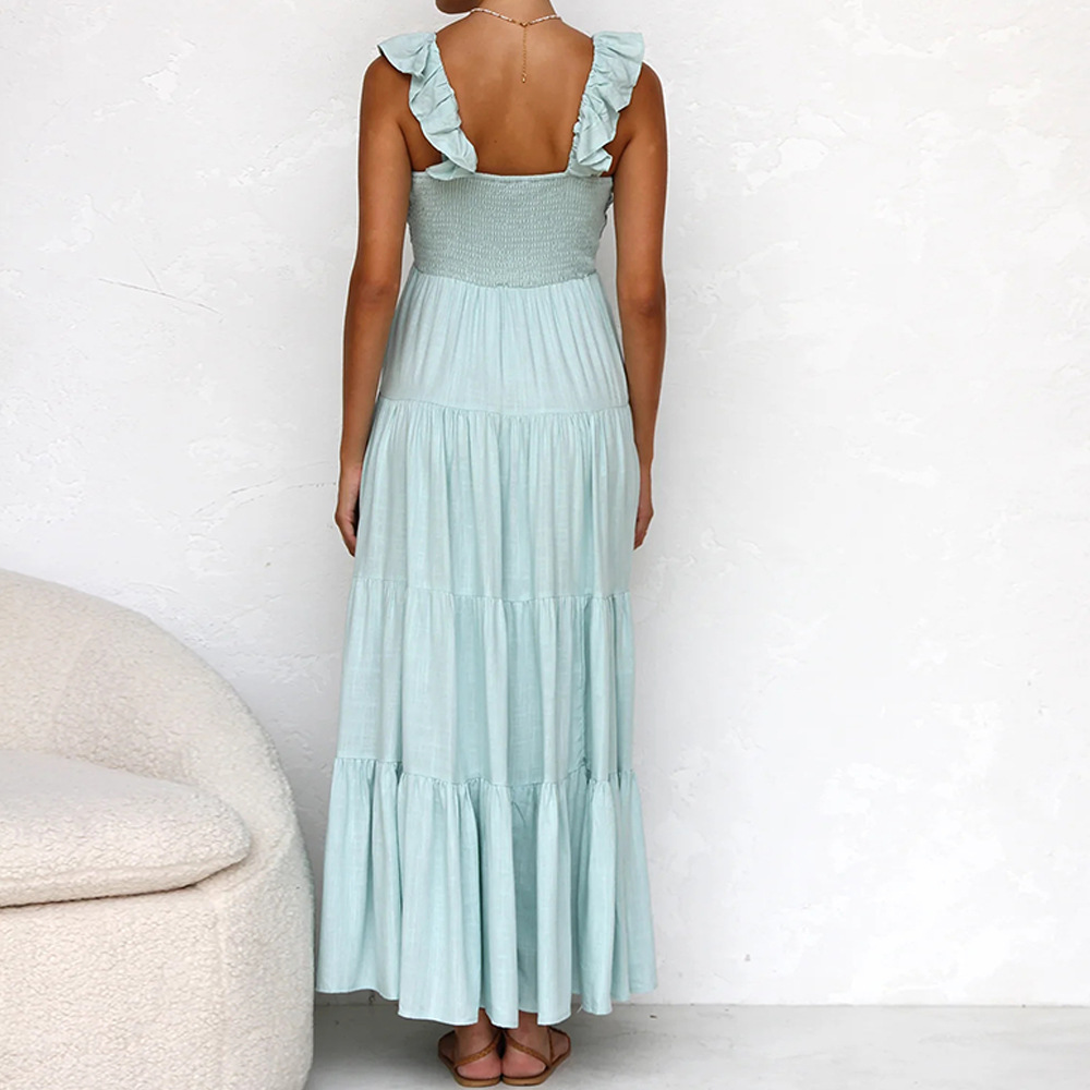 2024 spring and summer European and American cross-border V-neck sexy cotton linen sleeveless solid color lace strap holiday beach dress