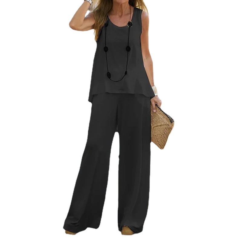 2024 cross-border foreign trade European and American summer casual women's printed sleeveless top elastic high waist trousers two-piece suit