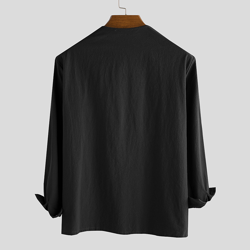 2023 Spring and Autumn Cross-border New European and American Men's Loose Solid Color Drawstring Long Sleeve Shirt Cotton Linen Stand Collar Men's Shirt