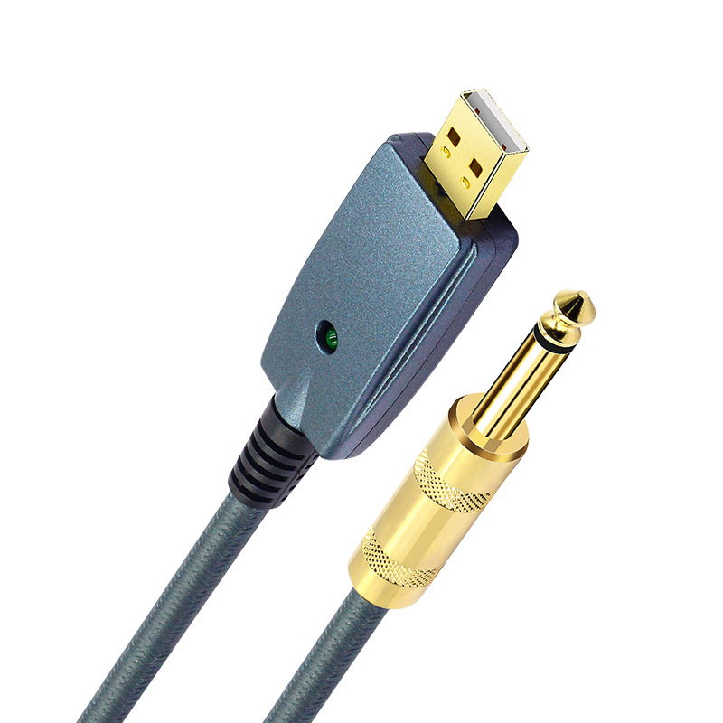Laptop USB male to 6.35MM guitar male audio recording cable with power indicator