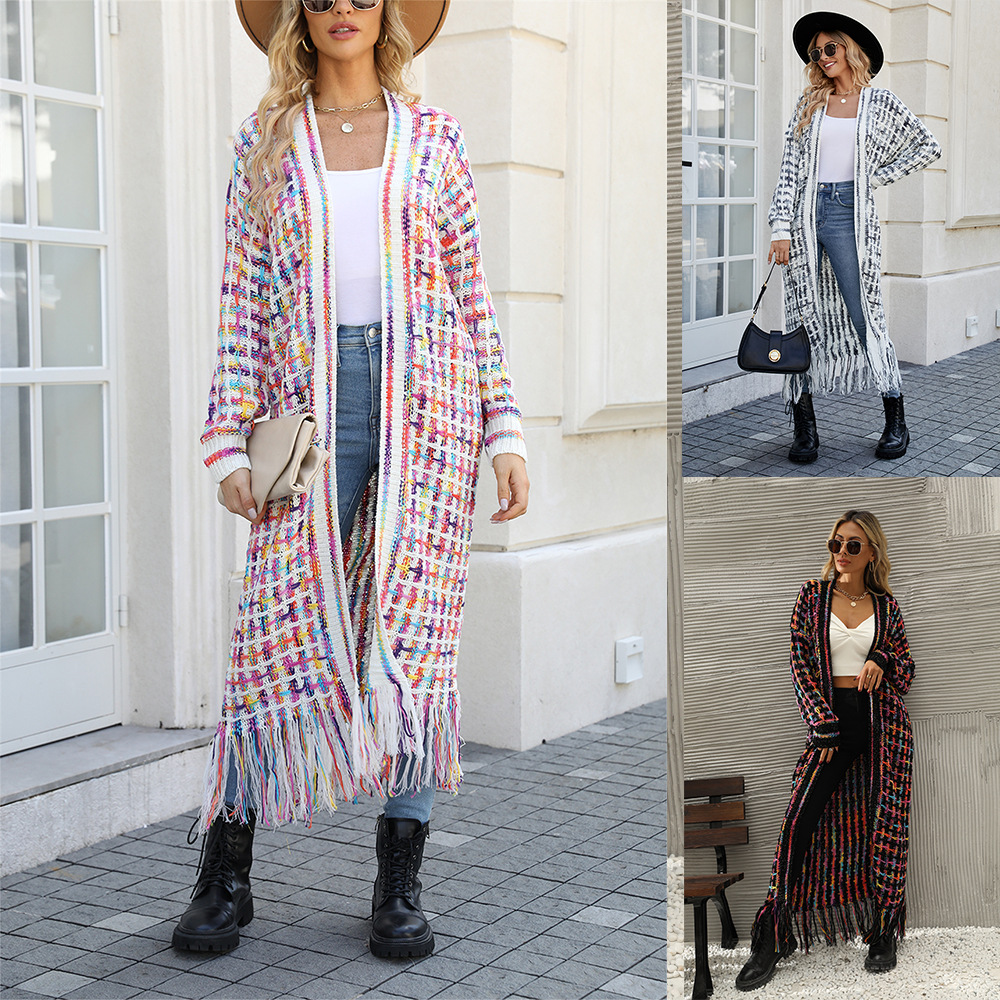 2024 winter new European and American foreign trade plus size tassel long cardigan coat sweater cross-border explosions women's wholesale