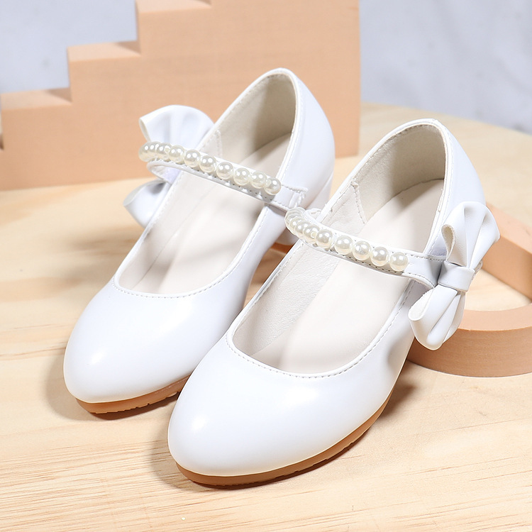 子供靴工場卸売り子供靴白い蝶結び春と秋の女の子ハイヒール王女靴真珠潮単靴|undefined