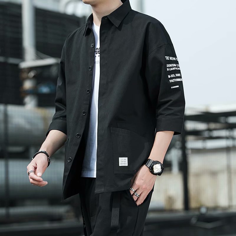 Men's Shirt Seven-point Sleeve Summer Loose Short-sleeved Shirt Hong Kong Style Japanese Style Shirt Summer Thin Casual Coat Trendy
