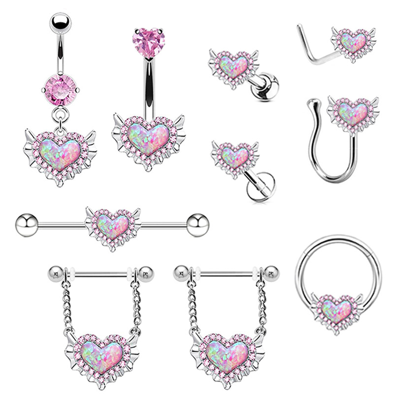 Gaibei European and American cross-border heart-shaped navel ring Opal navel ring nose clip ear studs body piercing jewelry