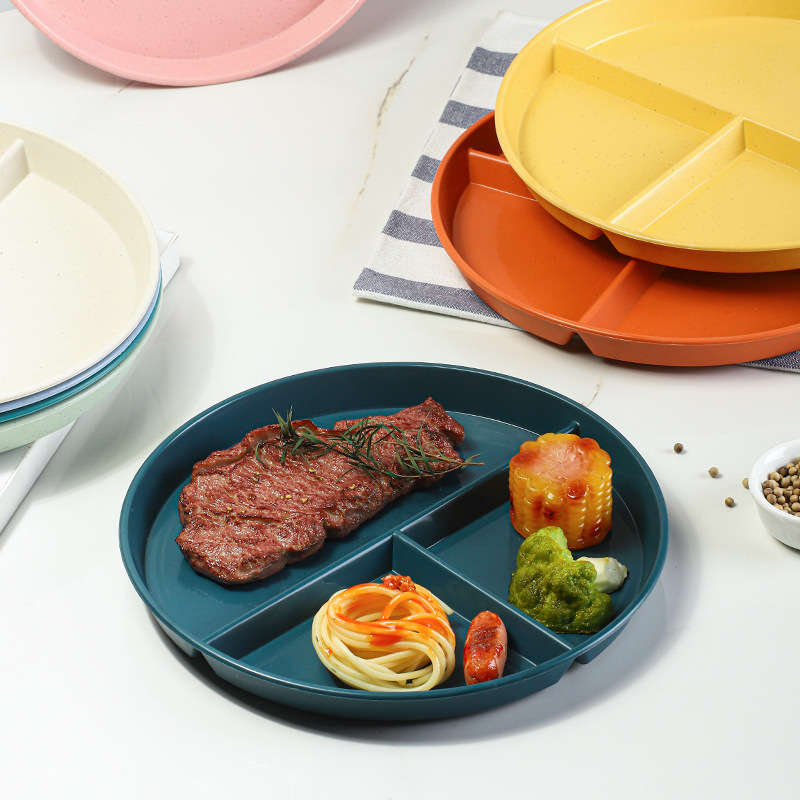 23cm Wheat Straw Student Dinner Plate Divided Dinner Plate Divided Breakfast Dosing Plate Three-compartment Household Dinner Plate for Adults and Children