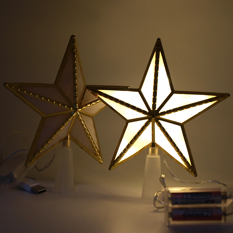 Christmas decorations Christmas tree five-pointed star lights tree top stars plastic USB battery two-function power supply
