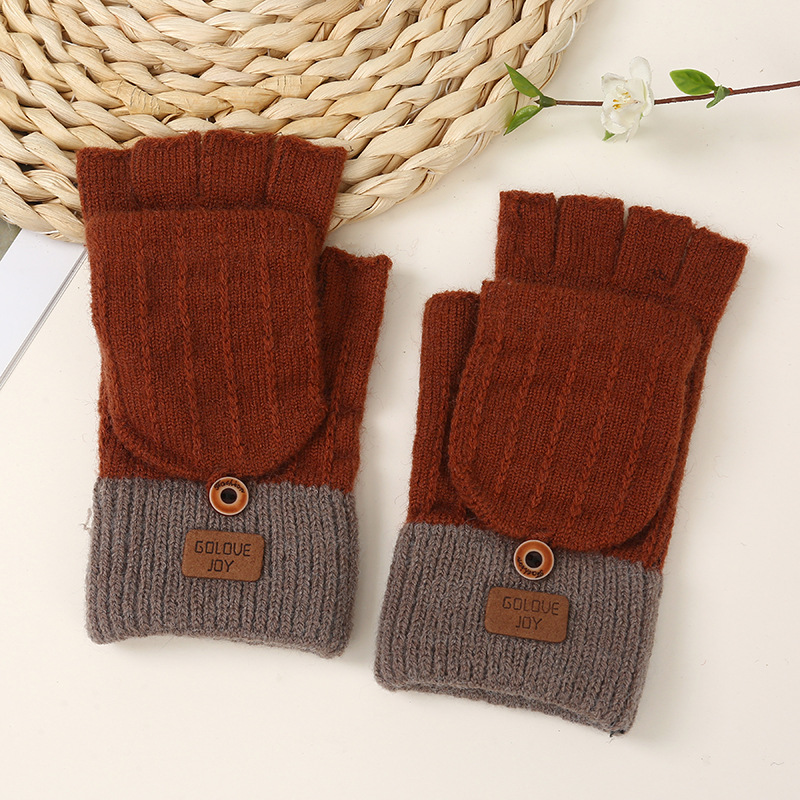 Half finger flip gloves winter warm fleece-lined cold-proof gloves wool knitted gloves autumn and winter open finger finger gloves