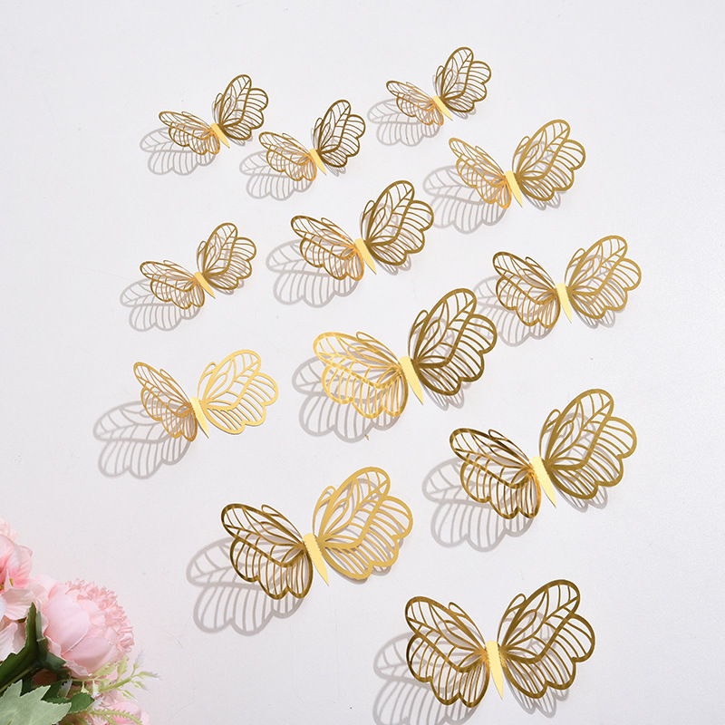 Cross-Border 12 Hollow Butterfly Wall Stickers Festive Home Christmas Holiday Decoration Stickers 3D Butterfly
