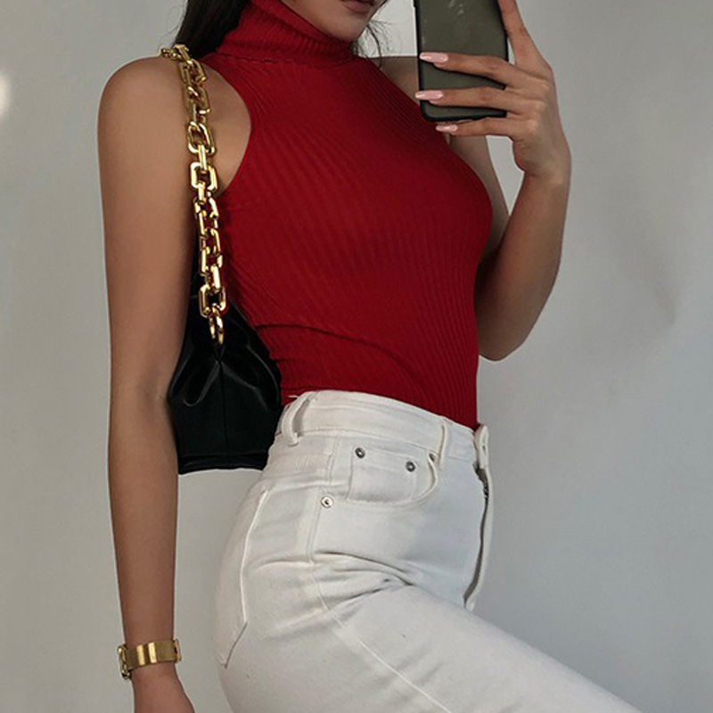2024 Summer New Hong Kong Flavor Girlfriend Red Turtleneck Sweater Base Sexy Spice Girl Inner Tight Top