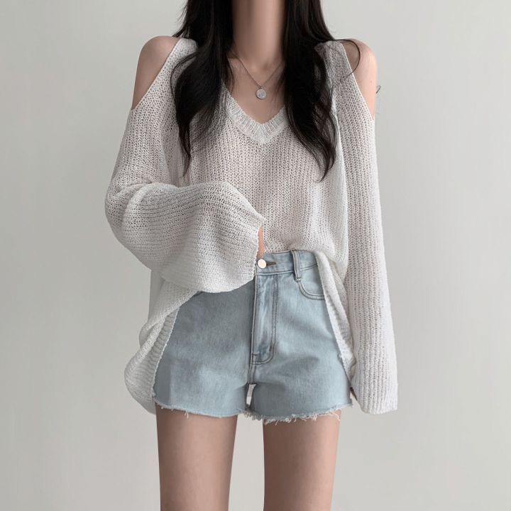 South Korea chic elegant V-neck off-shoulder loose lazy versatile casual sun protection solid color long sleeve sweater women's top_voghion.com