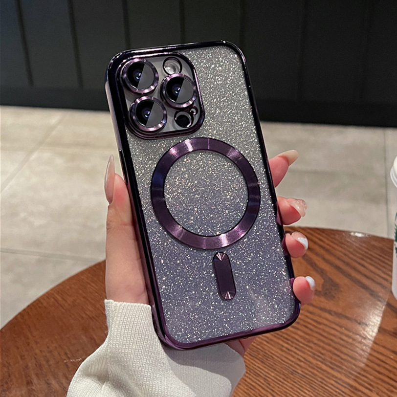 適用iPhone15手機殼閃粉漸變電鍍尾巴磁吸CD紋鏡頭膜蘋果14PROMAX