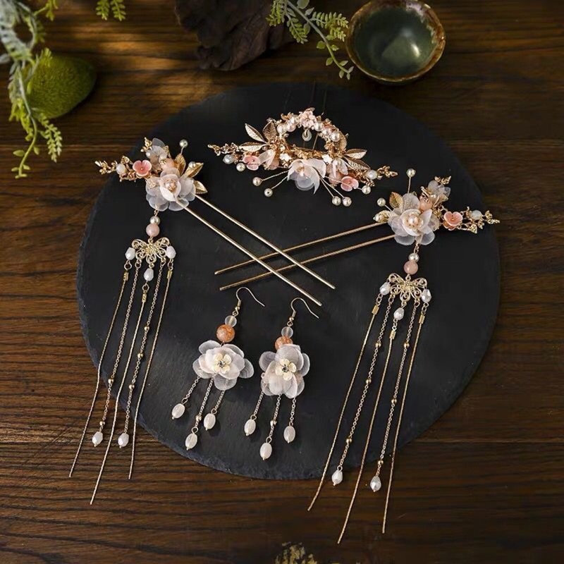 2024独立包装セットの髪の冠の女性の手作りの花の時代の金色の顔の小さい白水晶の漢服の装飾品|undefined