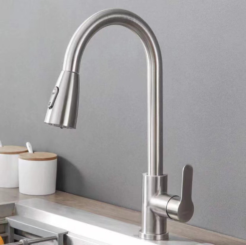 Cross-border stainless steel drawing faucet kitchen dish basin sink telescopic two-stage switch hot and cold faucet rotation