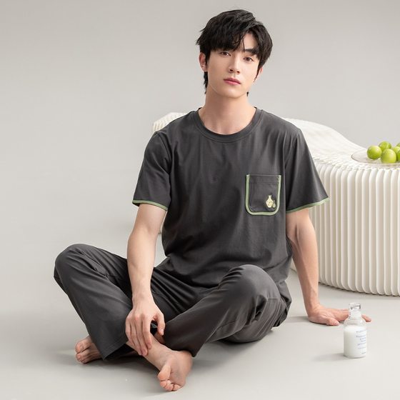 Men's pajamas men's summer short-sleeved trousers half-sleeved cotton summer suit boys British-style home wear spring and autumn