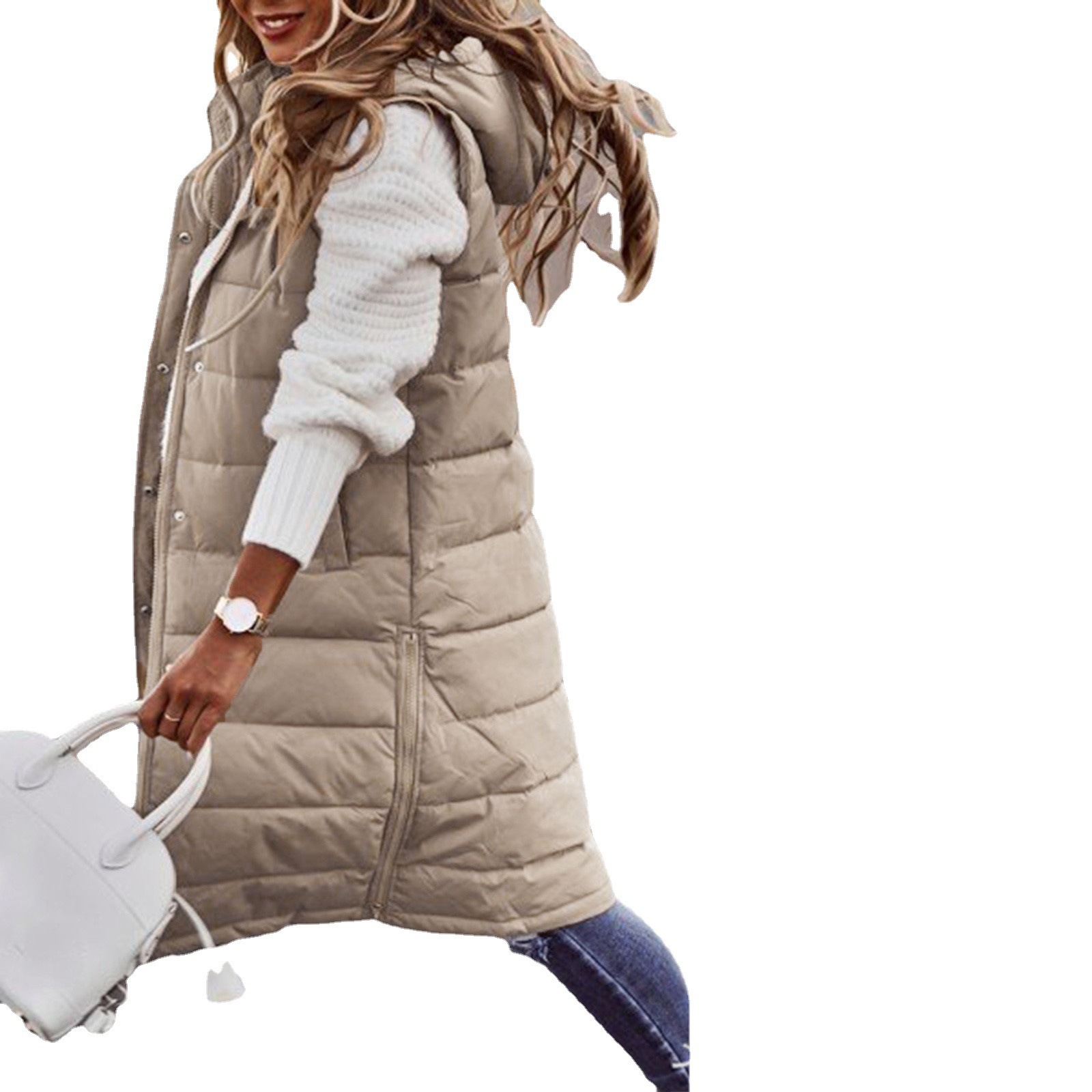 2021wish European and American solid color hooded single-breasted mid-length cotton-padded vest slim temperament cardigan coat top