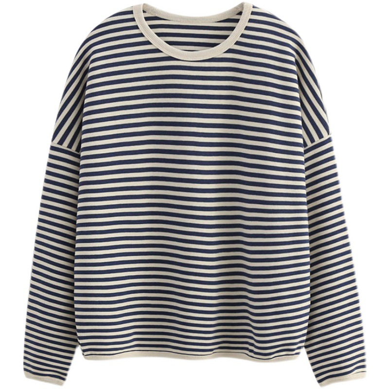 Striped Sweatshirt Women's Spring and Autumn Thin Korean-style Loose Cotton chic Top oversize Lazy Casual Coat
