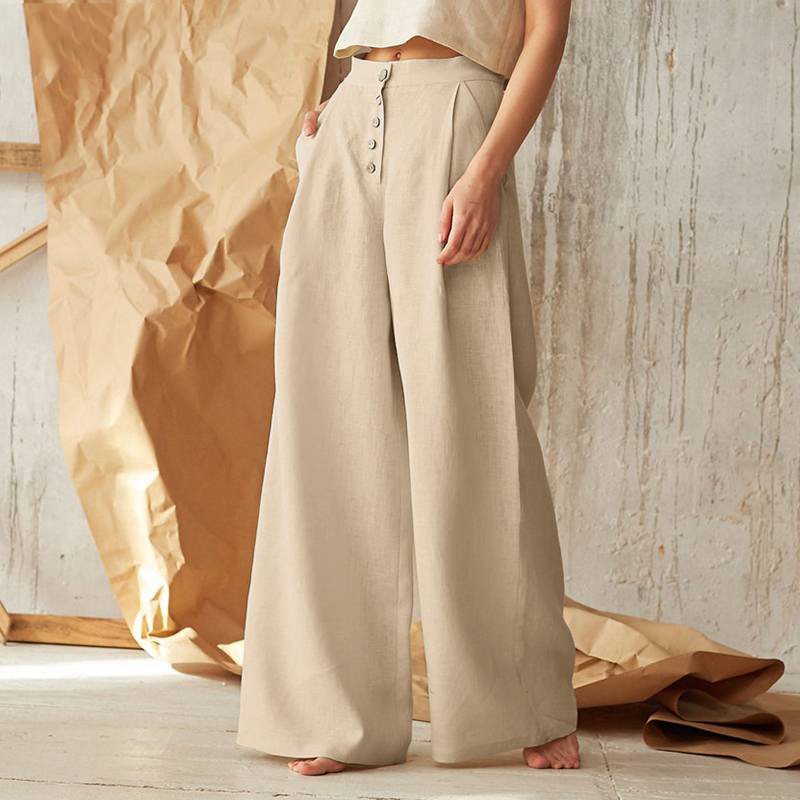 2023 Ma Xun eBay women's solid color high waist casual button cotton linen wide leg pants