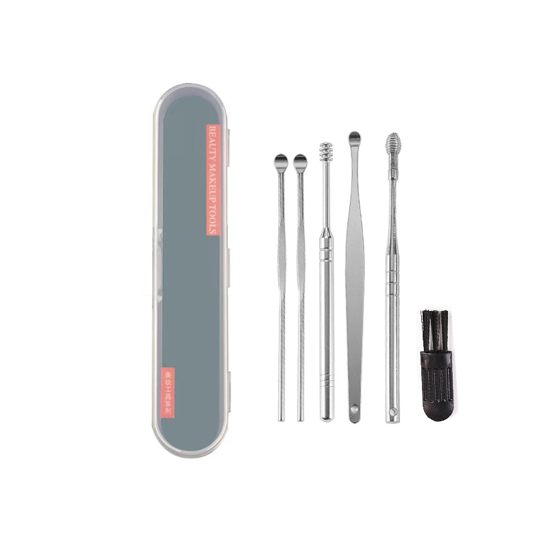 Stainless Steel Ear Digging Spoon Ear Cleaning Cleaner Spring Double Head Rotating Ear Spoon 6-piece Ear Picking Tool Set Household