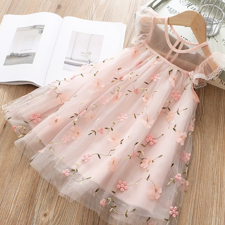 Summer 2024 Children's Three-Dimensional Flower Mesh Dress Korean Style Girl's Baby Vest A- line Princess Dress