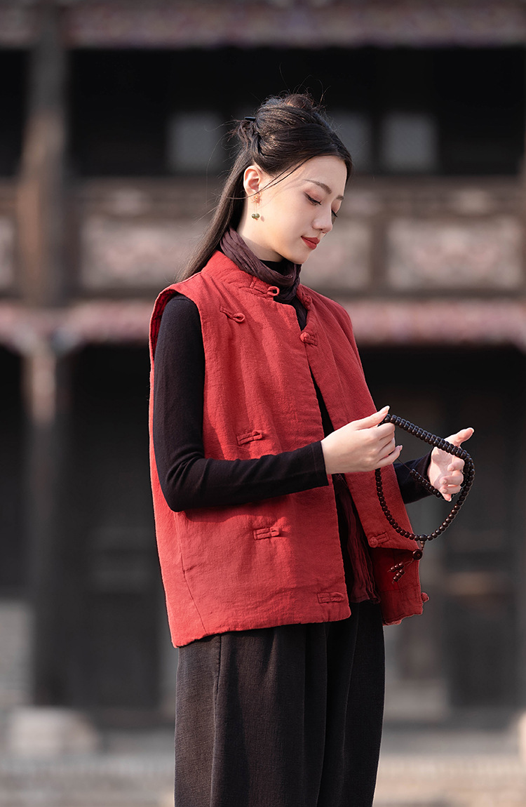 23 cotton and linen women's clothing New National style vintage buckle cotton vest top women's sand wash linen quilted warm vest_voghion.com