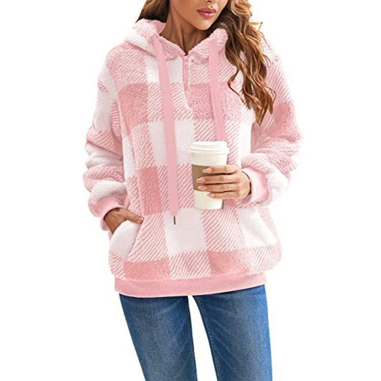Cross-border Women's Clothing Amazon Explosions European and American Autumn and Winter Hooded Plaid Warm Jacket Long Plush Cardigan Jacket