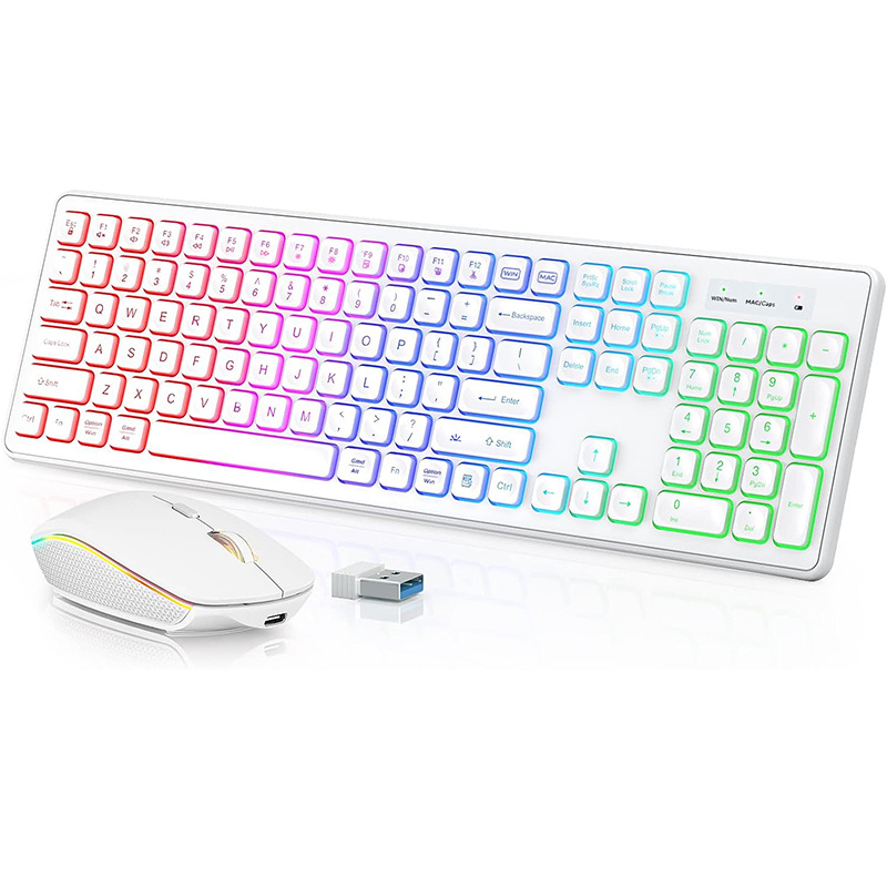 Backlit 2.4G Wireless Keyboard Mouse Combo Rechargeable RGB Full Size Ergonomic Tilt Angle Keyboard