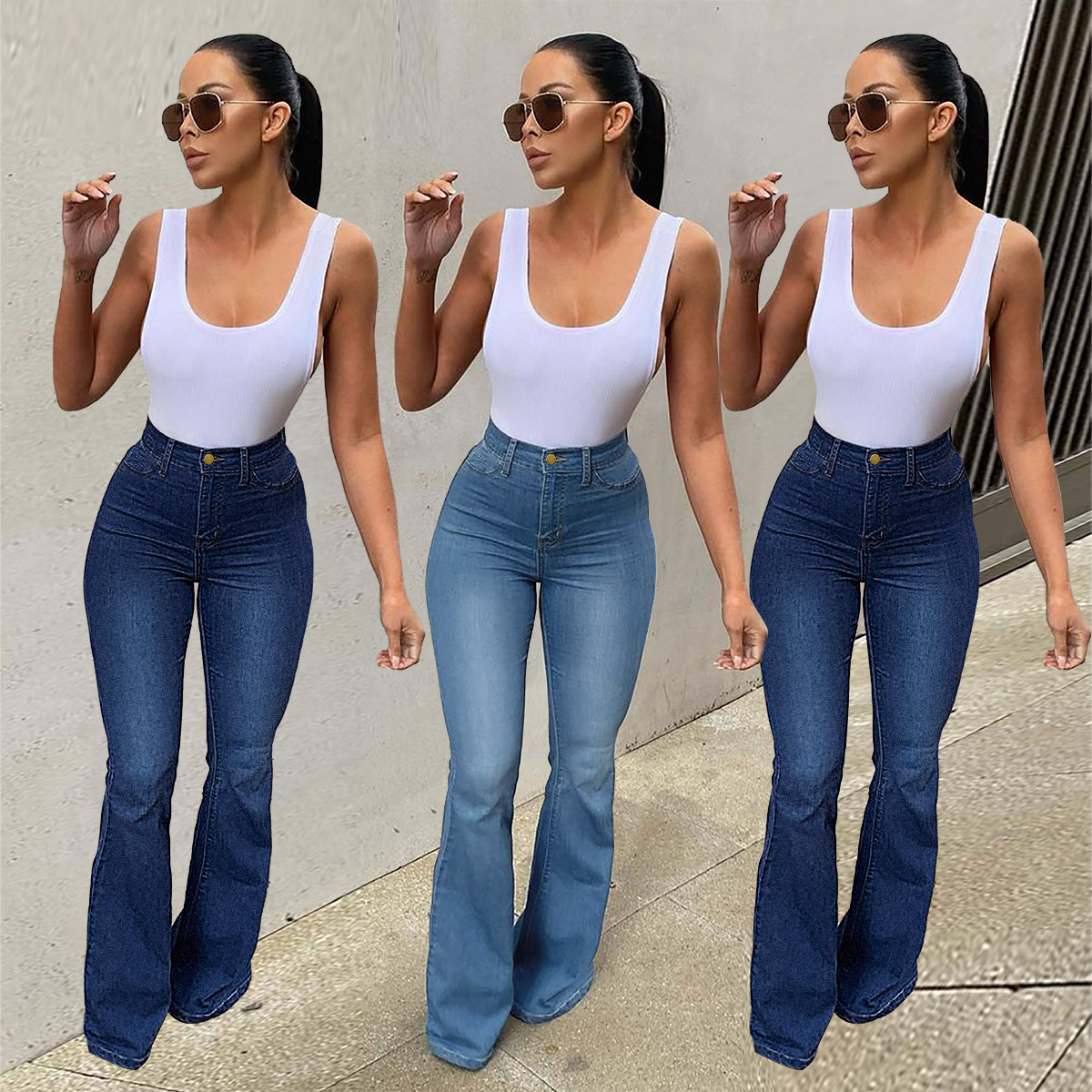 PT7078 Amazon cross-border wish European and American women's stretch high waist Denim trousers eaby micro-pull horseshoe pants