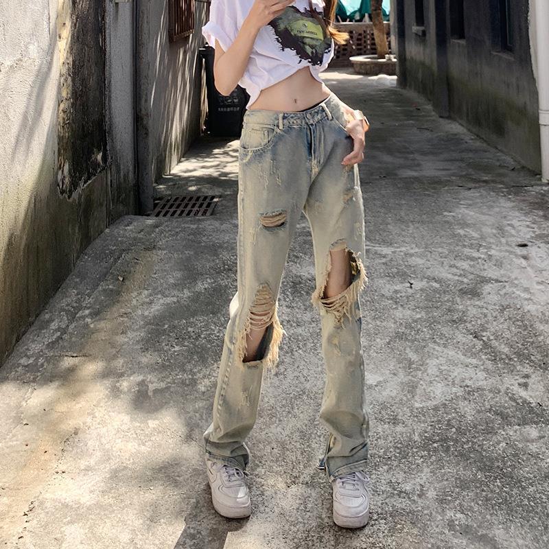 Vintage Spice Girl Distressed Ripped Jeans Women's Summer New American Style Design Sense High Street Distinctive Straight Pants