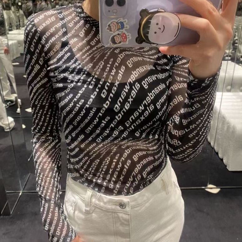 HyunA style mesh long-sleeved top women's printed see-through sun protection shirt slim and cool mesh fashionable long-sleeved T-shirt trendy