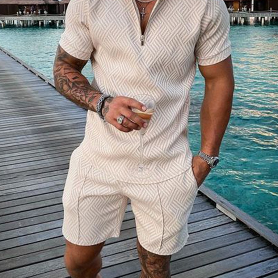 2022 cross-border European and American men's new independent station supply casual contrast color POLO zipper turtleneck short sleeve suit