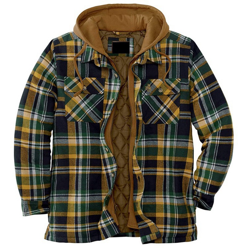 2020 foreign trade Men's European and American autumn and winter thick cotton plaid long sleeve loose hooded jacket