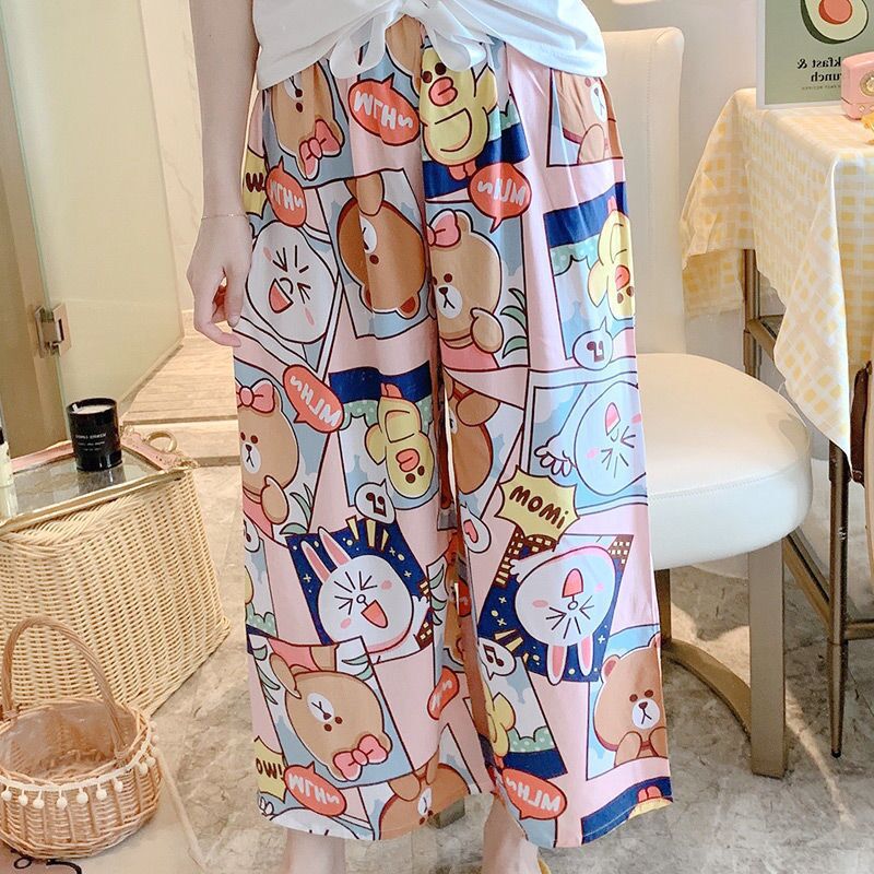 Cotton Silk Pajama Pants Women's Summer Thin Cartoon Printed Casual Wide Leg Pants Pregnant Women's Outer Wearing Foreign Trade Pants Single Pants