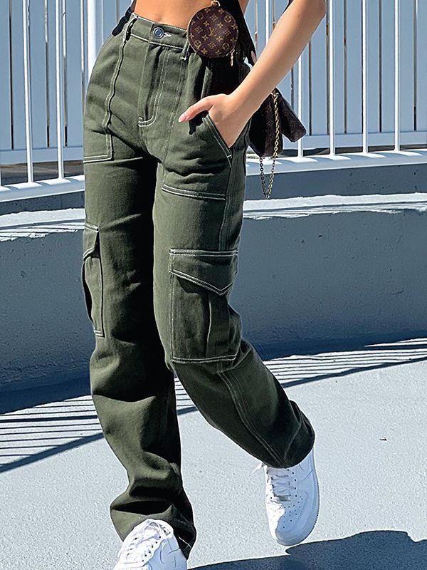 2023 European and American women's jeans Amazon autumn and winter new women's pants personality fashion stitching straight multi-pocket worker