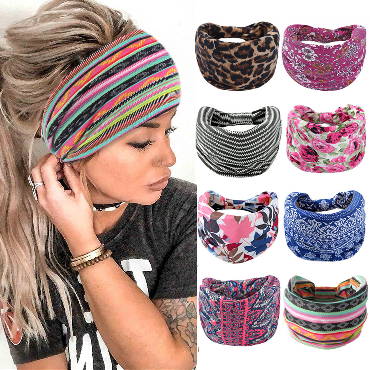 European and American new printed elastic sports hair band ladies wide-brimmed headband retro sports yoga belt hair accessories wholesale