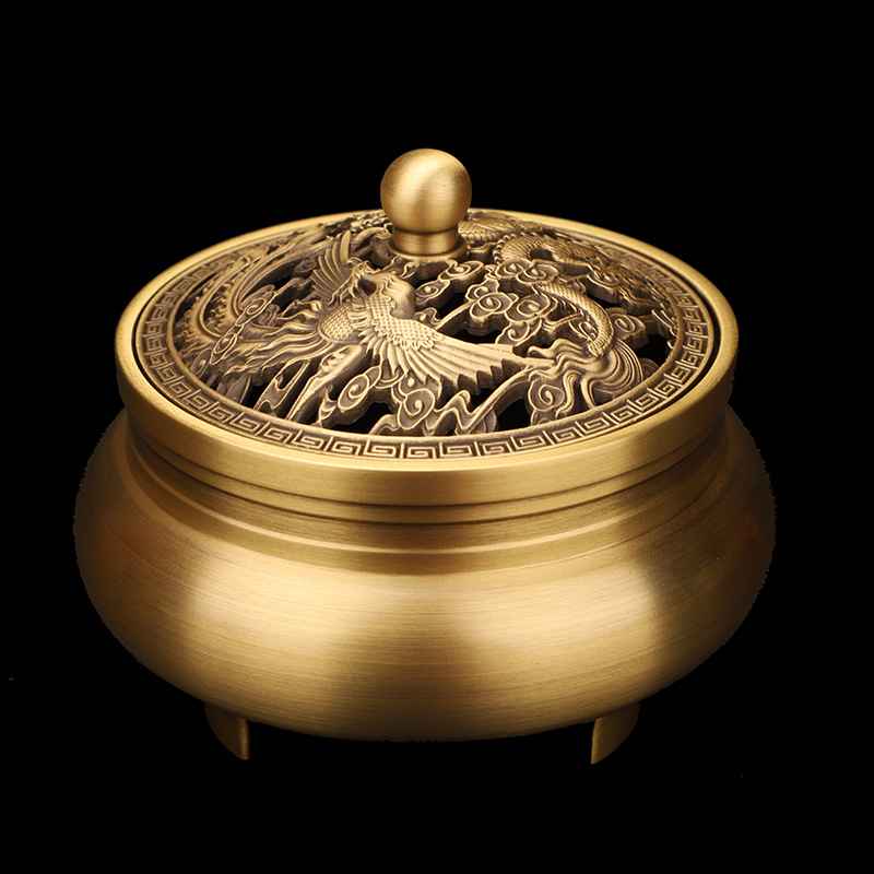 Copper incense burner wholesale brass flat bottom incense burner plate incense burner household three-legged golden lotus bronze incense burner with lid