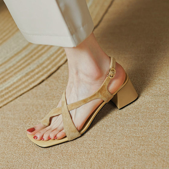Summer 2022 New Chunky Heel Cross Strap Set Toe Sandals Women's Summer Belt Buckle Mid-heel Retro Elegant Women's Shoes