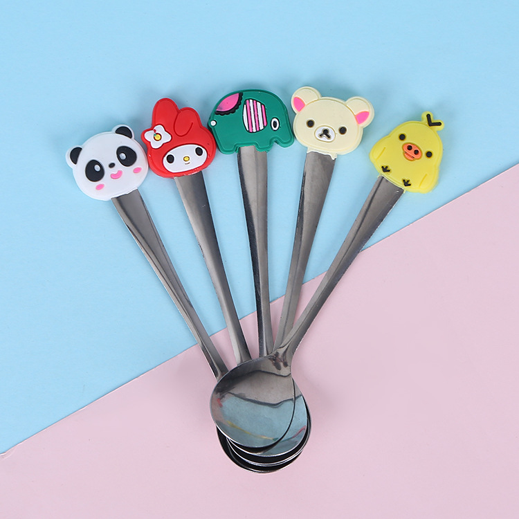 Cute cartoon spoon PVC silicone handle stainless steel tableware spoon style variety pvc soft rubber small spoon
