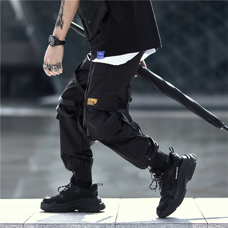 National fashion dark functional style overalls men's fashion brand loose trendy umbrella tactical multi-pocket ribbon ankle-tied pants