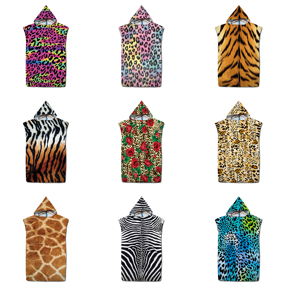 Factory wholesale leopard print adult hooded beach towel changing cloak color printed hooded bathrobe towel