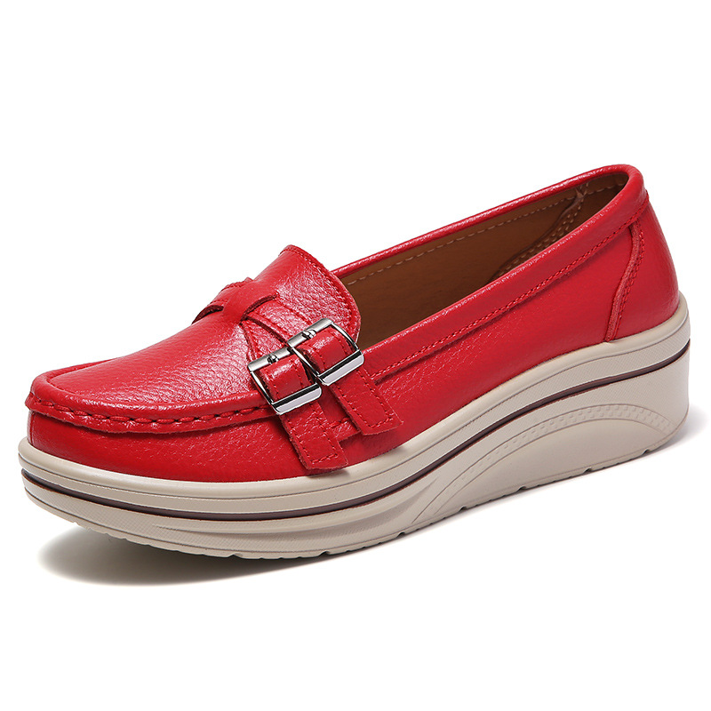 Spring and Autumn New Casual Thick-soled Wedge Large Size Slip-on Women's Single-layer Shoes Round-toe Metal Buckle Set-up Shoes for Moms