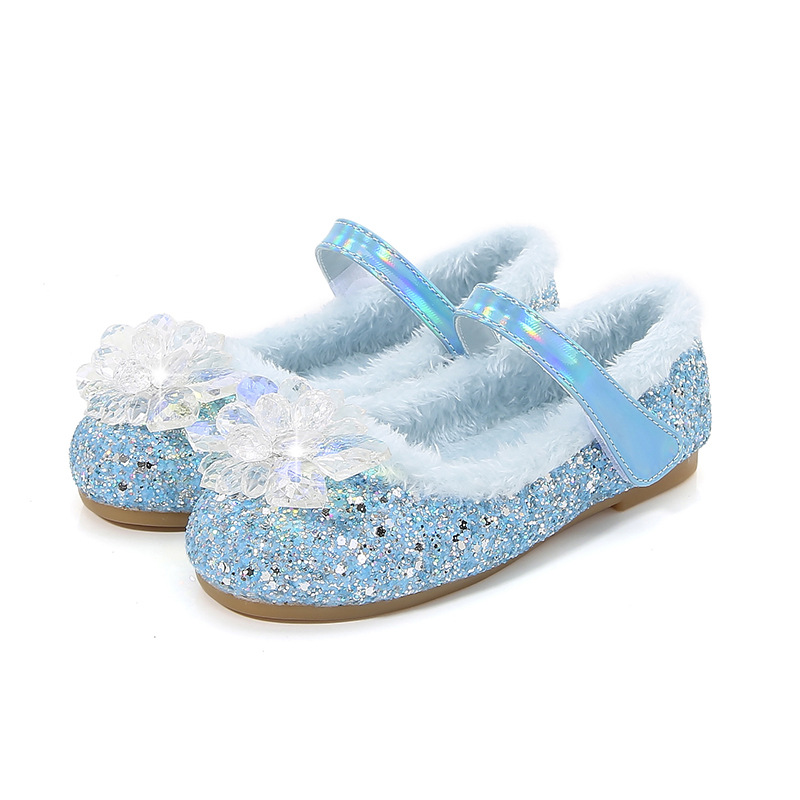 Elsa Princess Shoes Winter New Girls' Velvet Warm Flat Shoes Blue Crystal Shoes Little Girl Soft Shoes