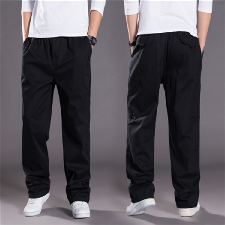 New Men's Cotton Casual Pants Large Size Overalls Thin Loose Large Size Elastic Waist Straight Leg Pants