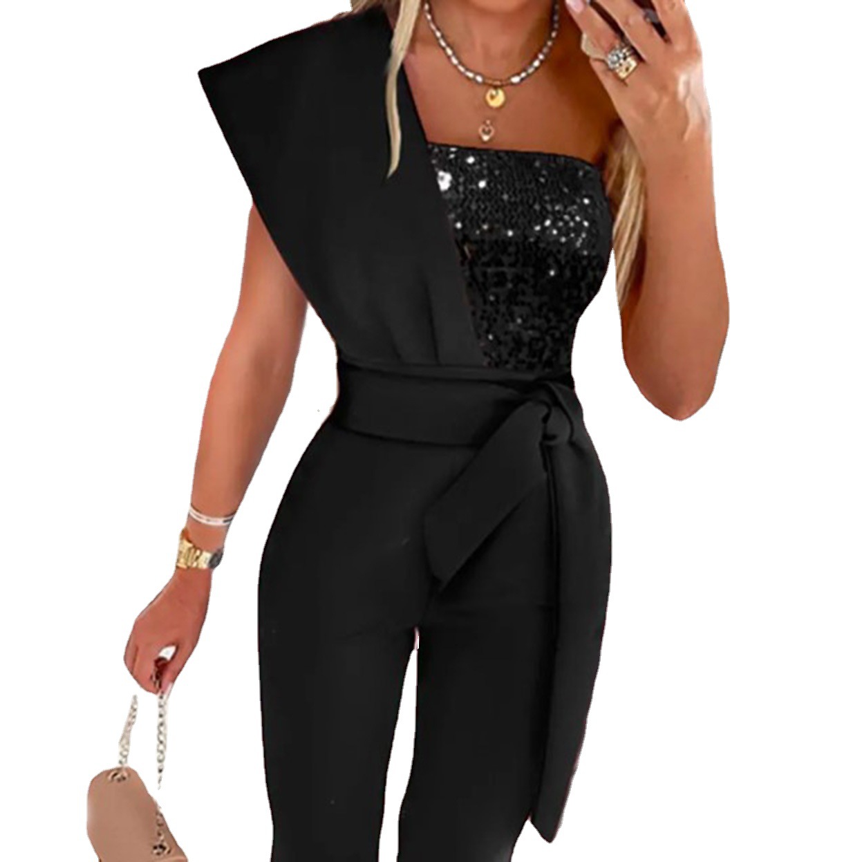 Cross-border European and American foreign trade printed jumpsuit solid color sleeveless belt decorative jumpsuit slim-fit stitching bead women's clothing
