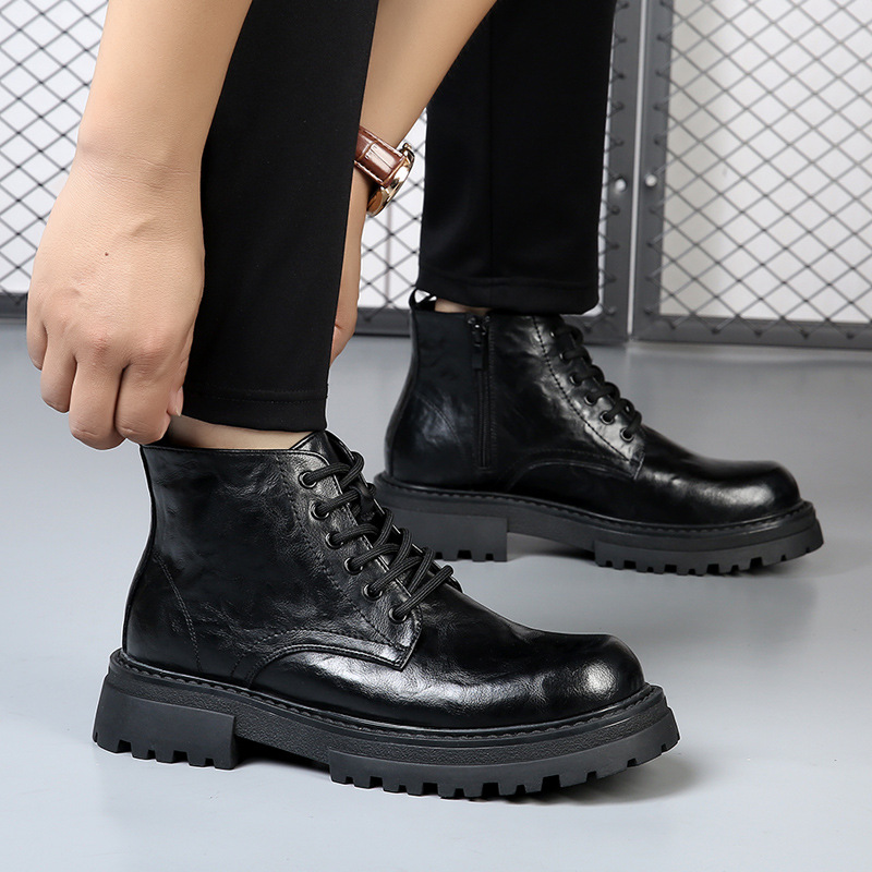 Martin boots men's 2023 new cotton leather boots thin British style mid-top thick bottom hidden height increasing motorcycle black ankle boots