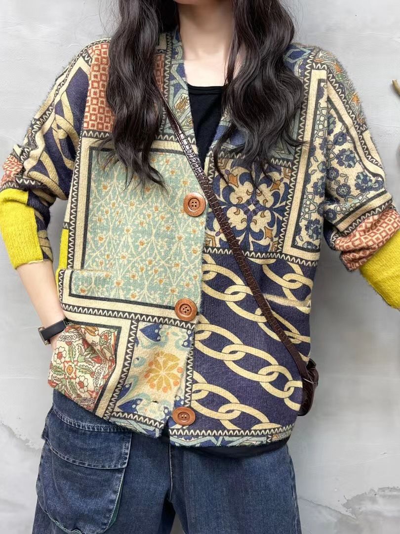 Ethnic style knitted sweater women's autumn and winter 2023 New Yunnan tie-dyed V-neck cardigan mink velvet women's outer wear wholesale