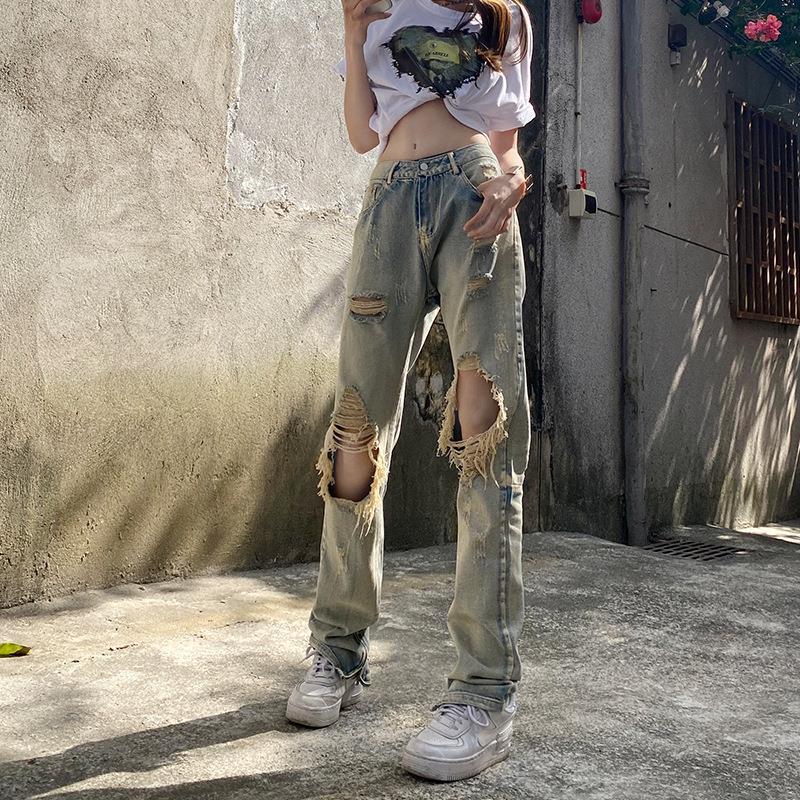 Vintage Spice Girl Distressed Ripped Jeans Women's Summer New American Style Design Sense High Street Distinctive Straight Pants