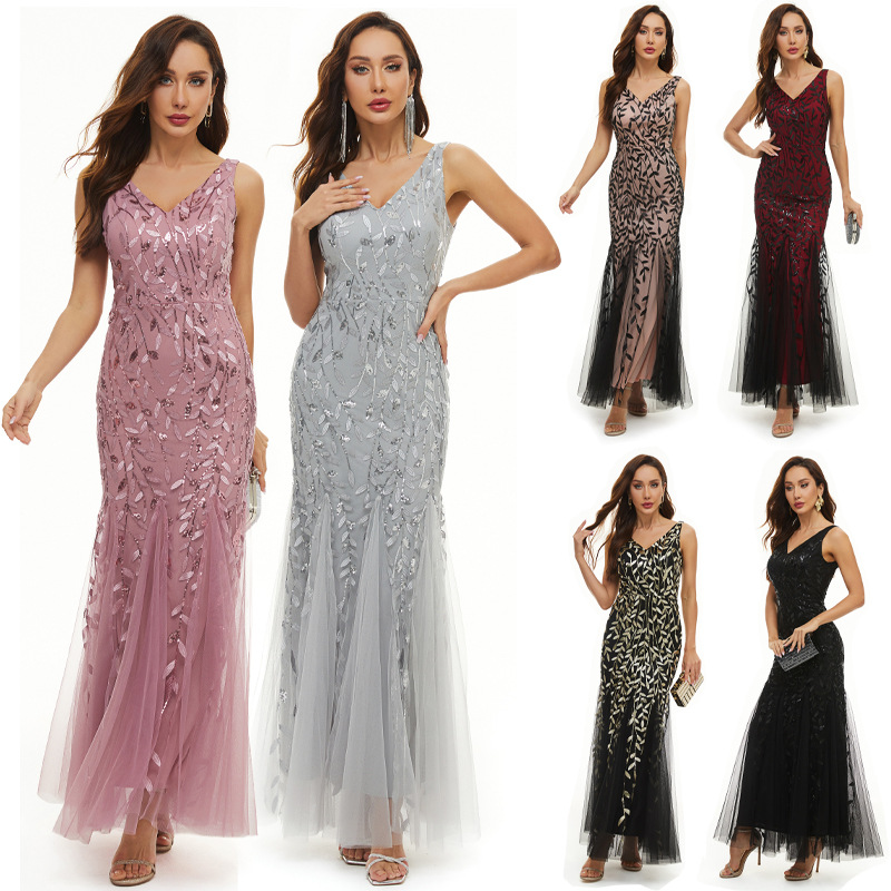Embroidered sequined dress banquet light luxury dress sexy sleeveless slim mesh fishtail dress bridesmaid dress 102