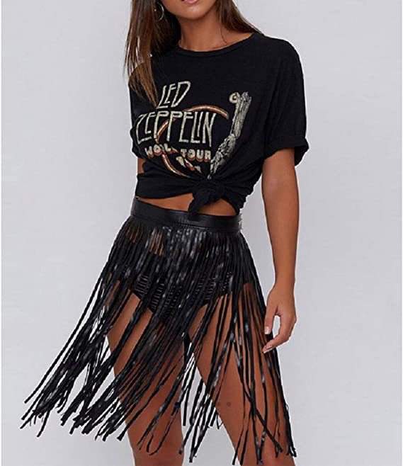 Amazon Clothing Women's European and American Sexy Tassel Skirt PU Leather Dance Skirt Fashion Personality Fashion Nightclub Hip Skirt